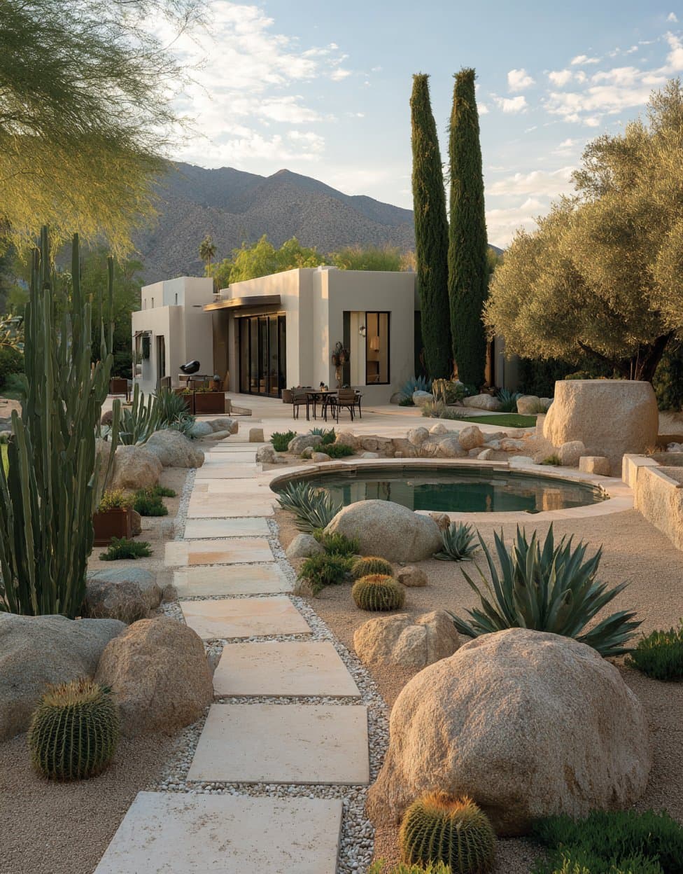 Stone hacienda courtyard with boardwalk over still water