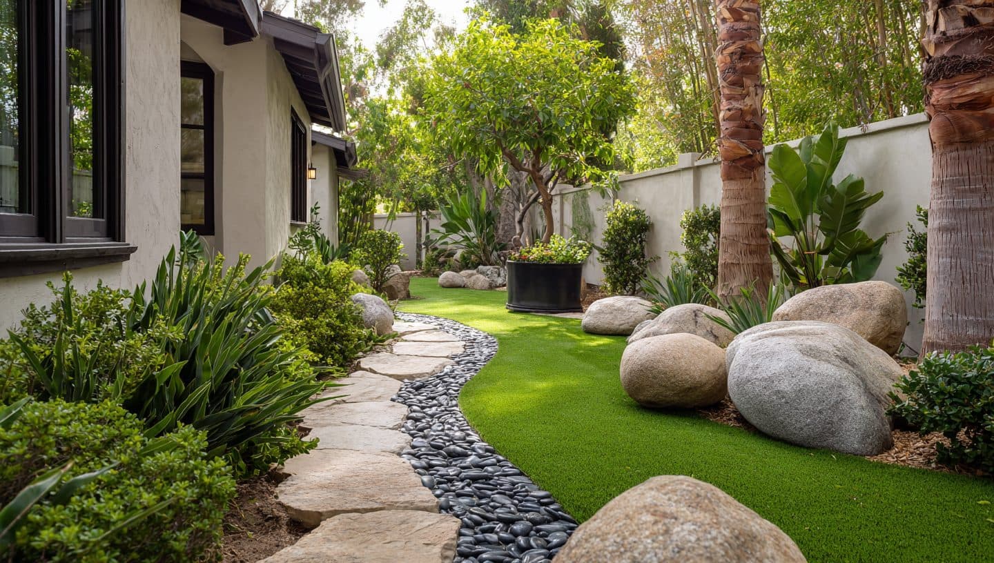 Curved flagstone path with boulders and turf along a white stucco home