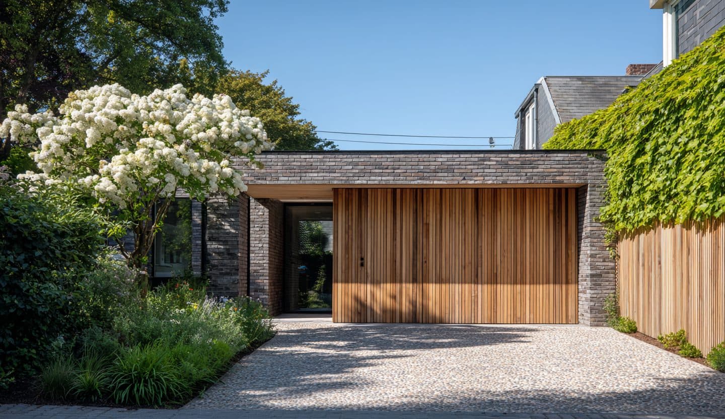 Gravel driveway leading to a brick garage with a cedar door and layered planting beds