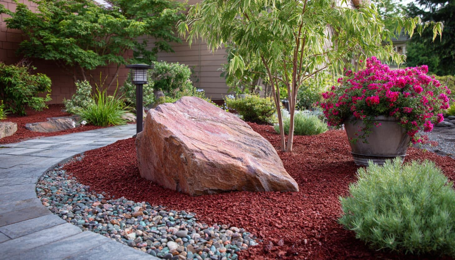 Front-yard bed with a feature boulder, red lava rock, river rock border, and pink blooms