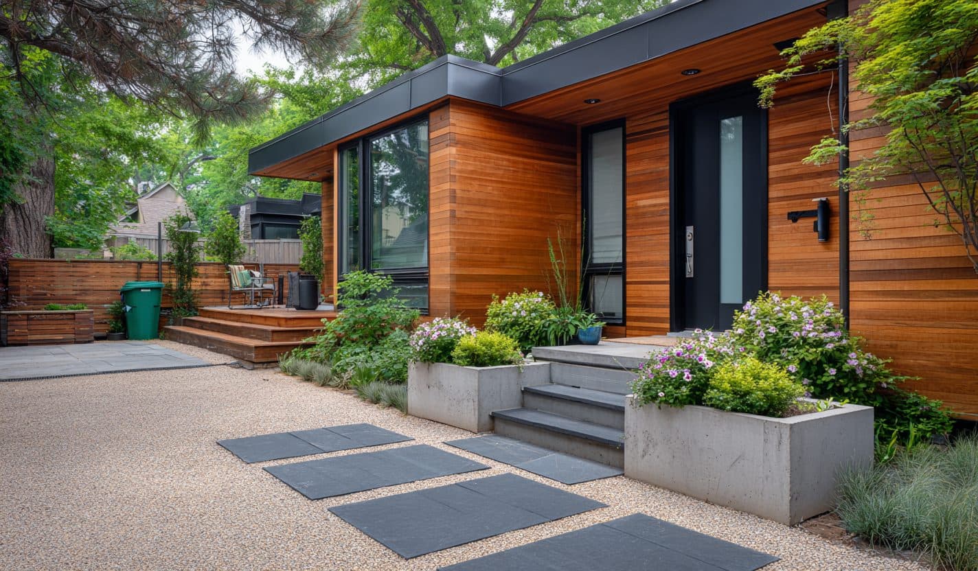 Slate steppers set in gravel with concrete planters and steps at a wood-clad home