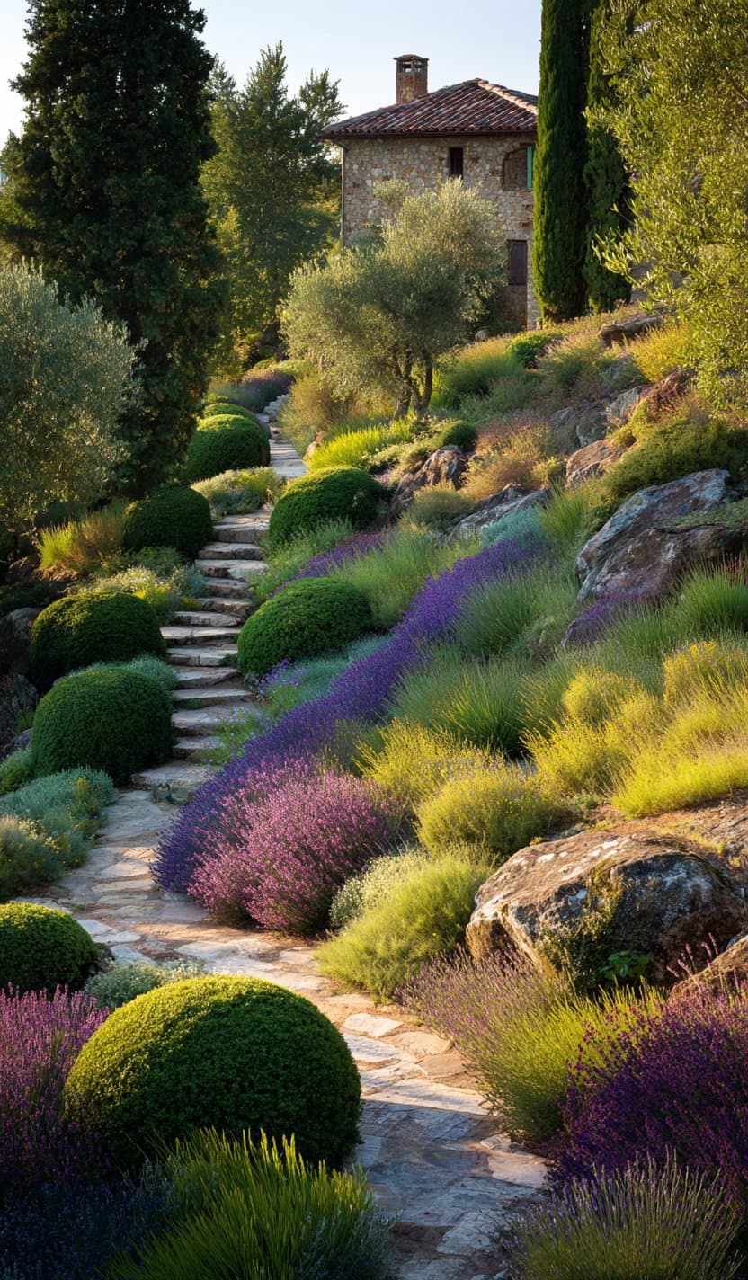 Curved planter walls with river rock, potted flowers, and perennials