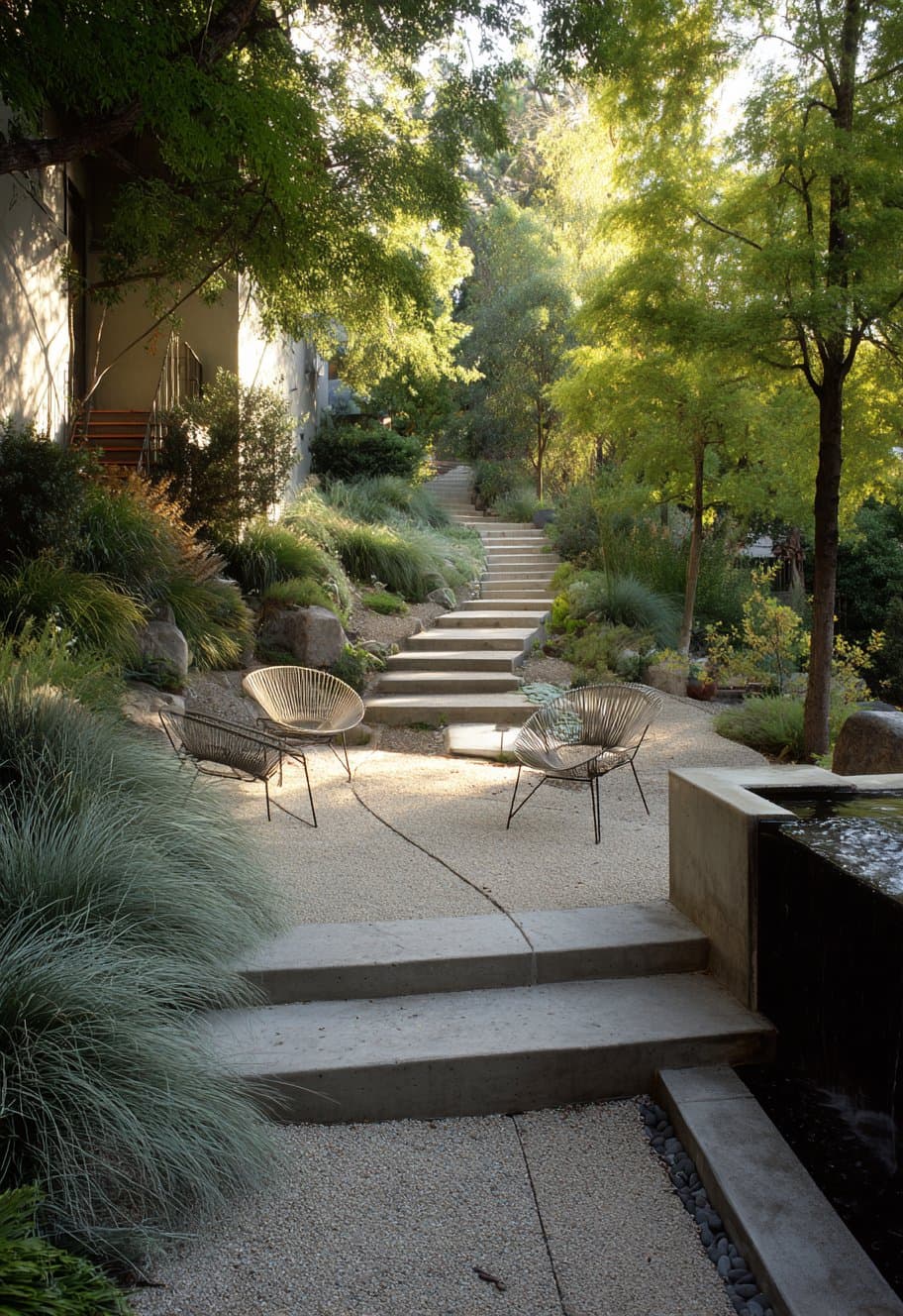 Terraced block retaining walls with stairs, accent lighting, and palms