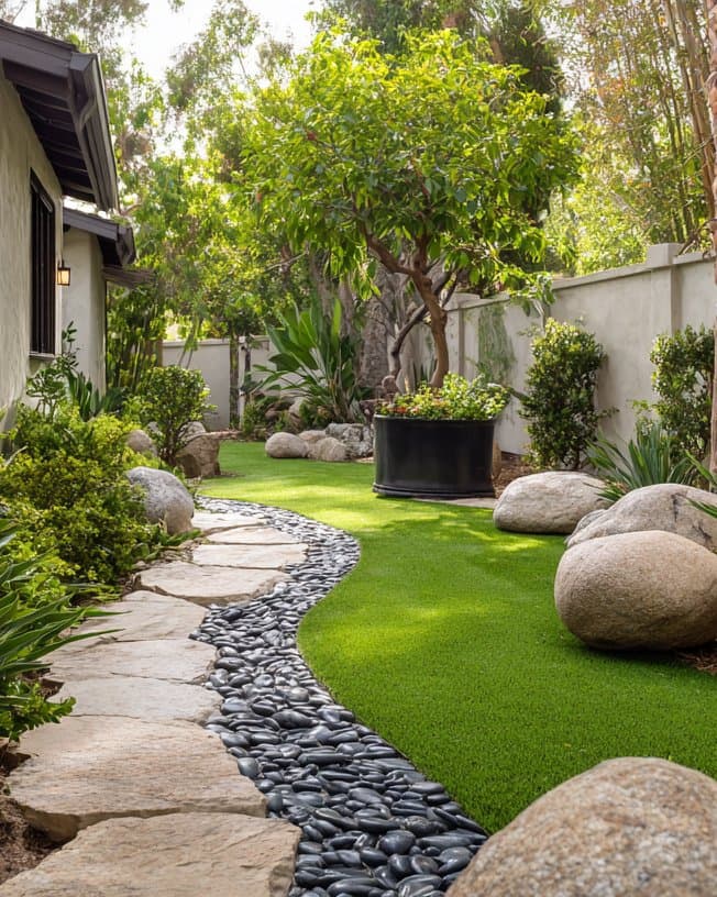 Curved gray retaining wall holding a planted slope above a lawn