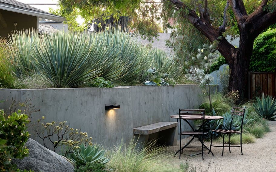 Low dark garden wall with charcoal cap edging a planting bed