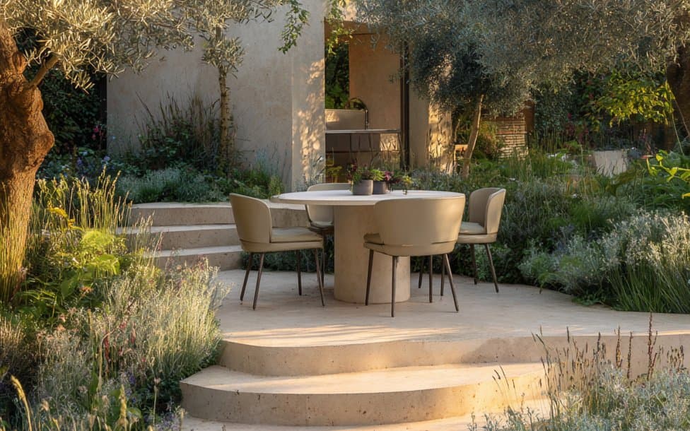 Smooth tan contemporary seat wall with a lantern beside the pool