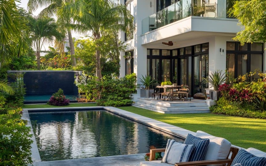 Gray Catalan paver pool patio with a round fire bowl