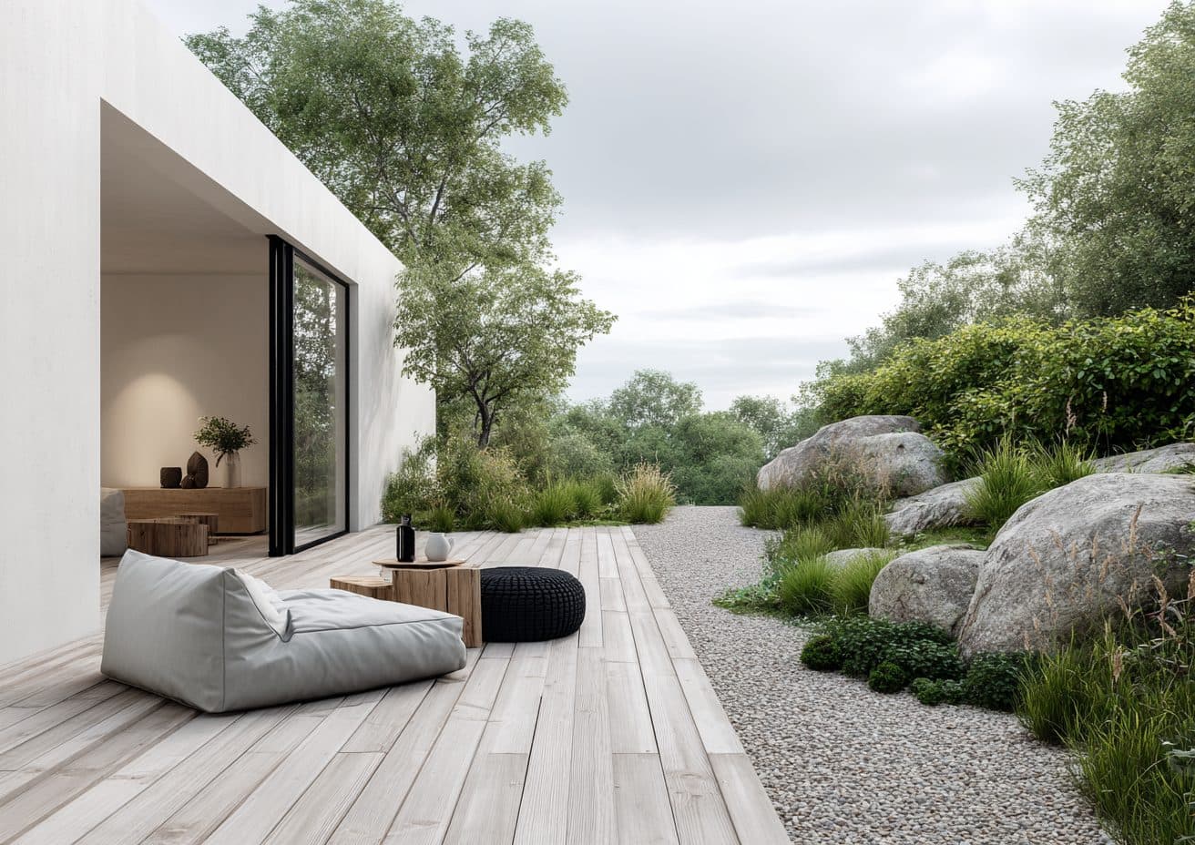 Pale timber deck lounge opening onto gravel, boulders, and loose meadow planting