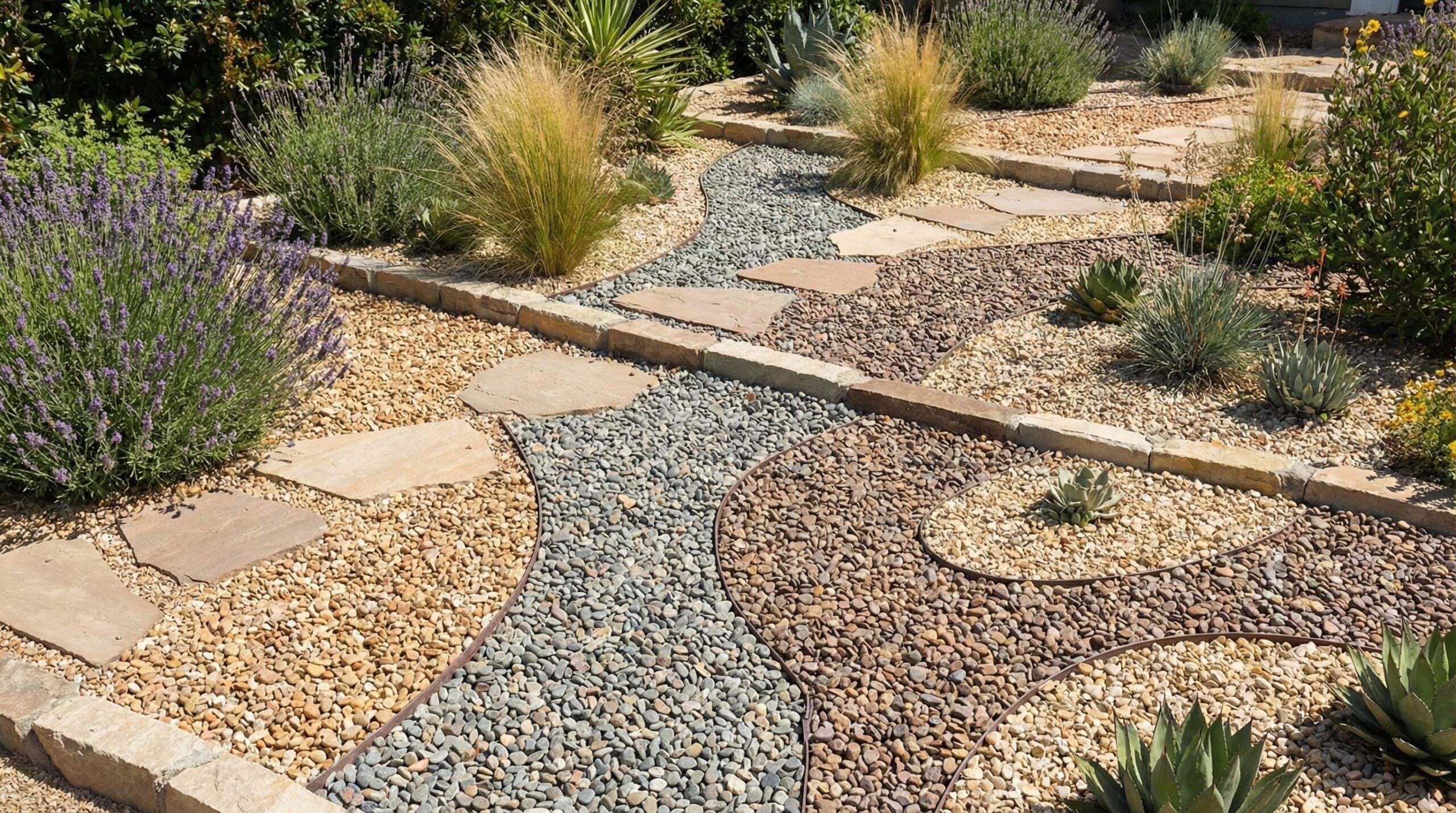 Garden path mixing flagstone steppers with three contrasting decorative rock types beside lavender