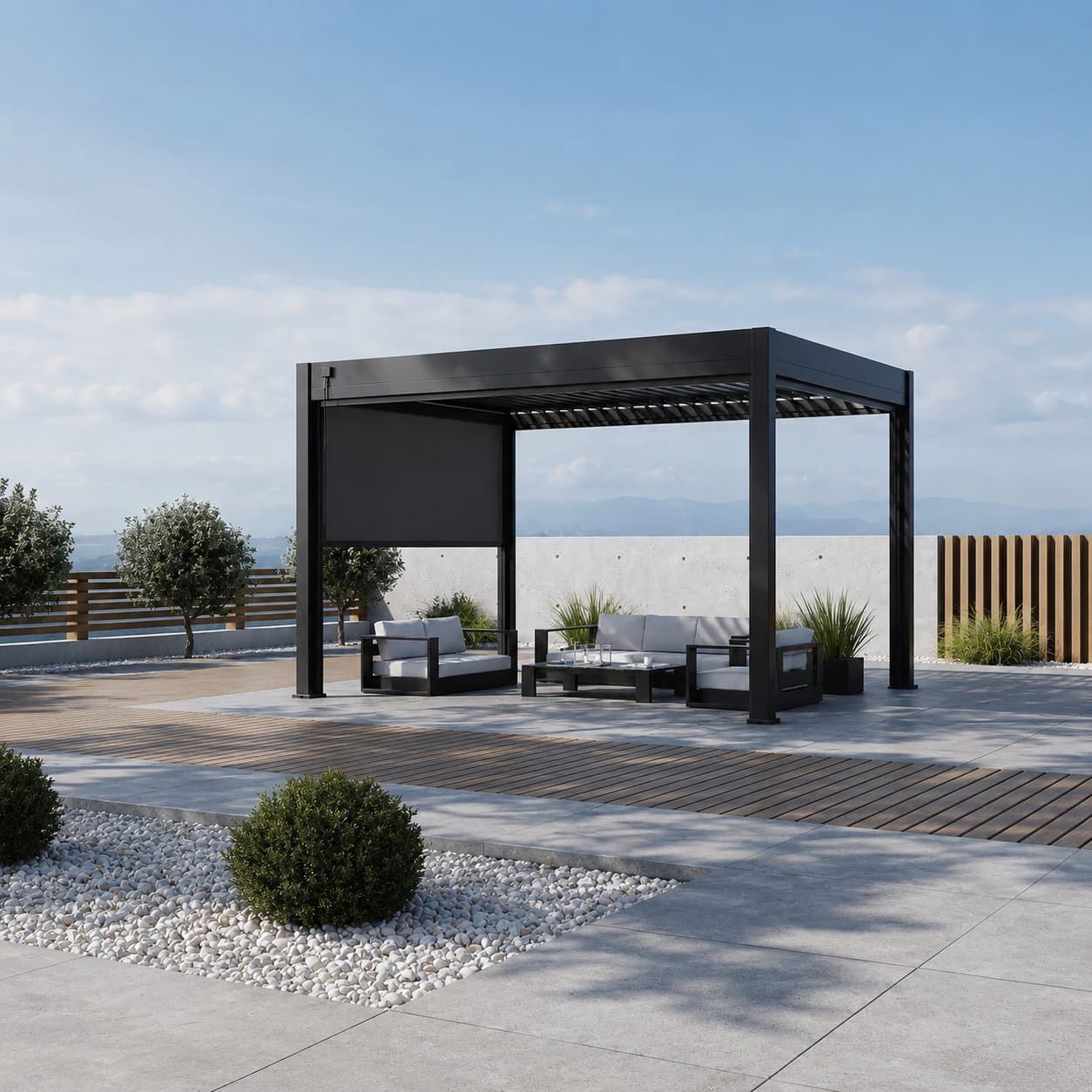 Slat-roof pergola over a wood deck dining area among trees