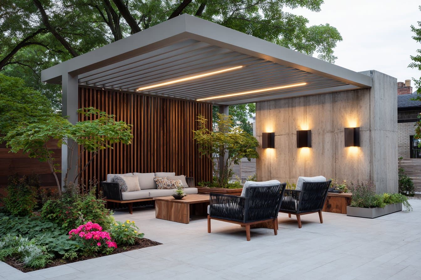 Pergola with integrated LED strips, wood slat wall, and lounge sofa
