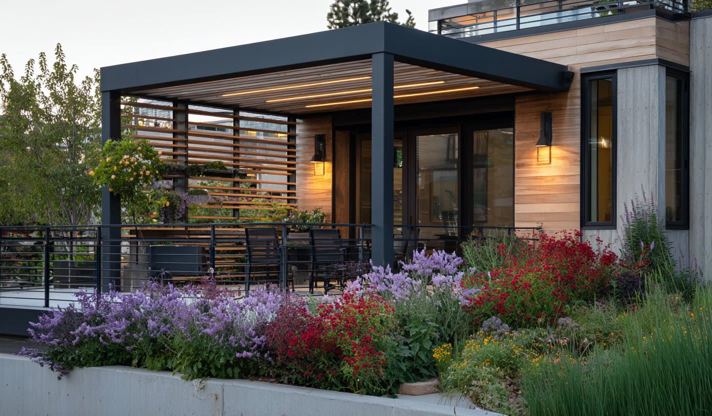Wood-slat pergola above flowering garden beds and patio dining